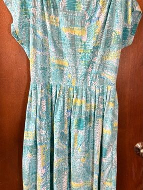 Vintage Pennypacker 100% NylonAqua Abstract Print Midi Dress with Pastel Accents